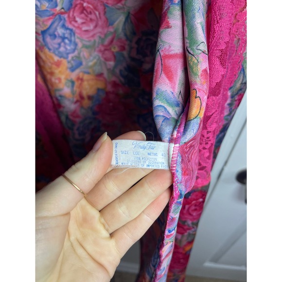 Vanity Fair Floral Satin Lace Kimono Robe Pink Blue Orange Roses Sleeve L - Picture 4 of 6